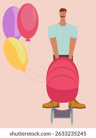 happy father's day, Colorful illustration man walking with red baby carriage with balloons. Father's day picture, card, icon, sticker, poster