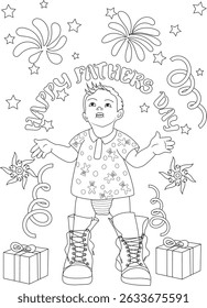 Happy Fathers Day Coloring Page - Baby in Military Boots, Outline illustration for coloring book featuring a baby wearing oversized military boots and holding out their arms in a happy pose. The