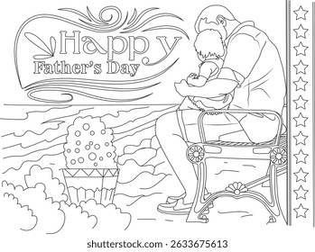 Happy Father's Day Coloring Page - Father and Child on Bench, Black and white line art illustration for coloring, depicting a father holding his young child while sitting together on a park bench.