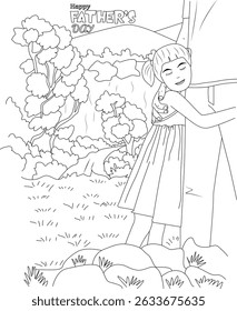 Happy Father's Day Coloring Page, A black and white outline illustration perfect for coloring, depicting a child hugging their father outdoors with the text 'Happy Father's Day'. Ideal for a