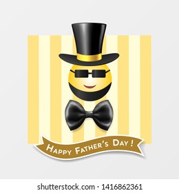 Happy Father's Day comic vintage card with a round smiling bearded emoticon in sunglasses, top hat, bow tie, inscribed on ribbon in frame with yellow striped background