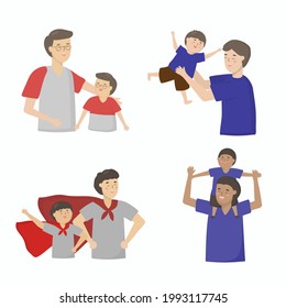 Happy Father's Day. Fathers in the community brought their children together. Hang out and socialize in the community. Children are happy with their hero father. Vector flat illustration.