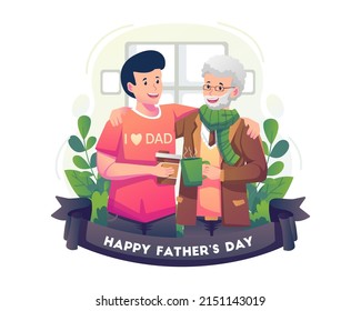 Happy Father's Day Concept With Adult Son And His Old Father Hugging With Love. Cheerful Drinking Coffee And Chatting Together. Flat Style Vector Illustration