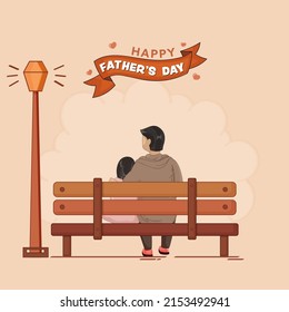 Happy Father's Day Concept With Back View Of Man And His Child Sitting At Bench On Peach Background.