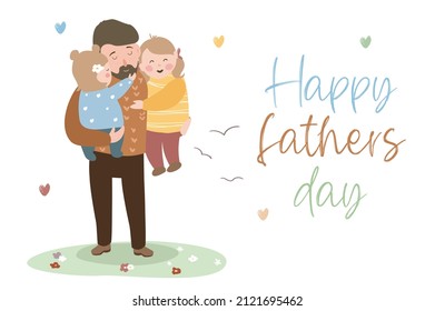 Happy Father's day concept background. Cute dad hugs his daughters and holds them in his arms. Happy little girls cuddle and congratulate father on holiday. Vector illustration in flat cartoon design