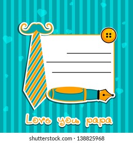 Happy Fathers Day concept banner, flyer or poster design with necktie, buttons, pen and blank note for your message.