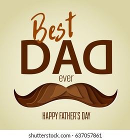 Happy Father's day concept. Best Dad Ever greeting card. 3d paper cut hipster  mustache design. Vector illustration.  Paper carving background