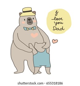 Happy father's Day concept with big bear portrayed character of big daddy hugging his child. Happy father and his child embracing each other. Vector illustration with hand-drawn style.