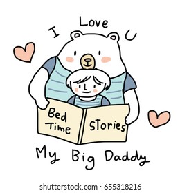 Happy father's Day concept with big bear portrayed character of big daddy reading bedtime story with his child. Happy father and child reading book together. Vector illustration with hand-drawn style.