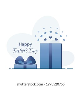 Happy Father's Day concept in blue. Open gift box with flying out confetti hearts. Vector illustration. 