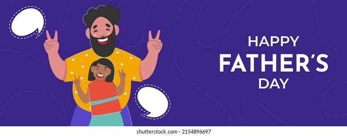 Happy Father's Day Concept With Cheerful Beard Man And His Daughter Giving Peace Sign On Blue Background.