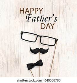 Happy Fathers Day concept. Design with bow tie, mustache, black glasses on  wooden background. Template for greeting card, Banner, flyer, invitation, congratulation, poster design. Vector illustration