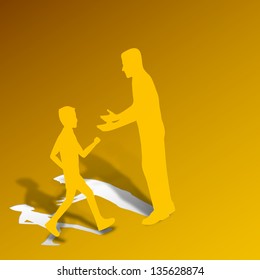 Happy Fathers Day concept with father and his son on yellow abstract background with paper cut out design.