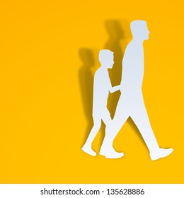 Happy Fathers Day concept with a father holding his son hand on yellow background.