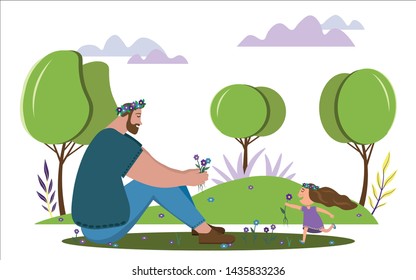 Happy father's day concept. Father and his little daughter are spending time together, playing in the park , gathering flowers and making wreathes from them
