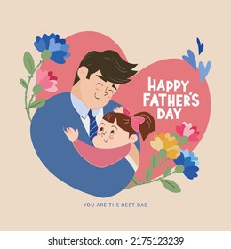 Happy Father's Day Concept. Father happily holds his children in the heart shape background. Vector illustration.