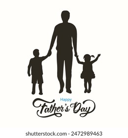 Happy Father's Day concept, father walking with his children. Vector, illustration. Single parent.