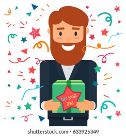 Happy Fathers Day concept with happy father and gift. The best Dad. Vector