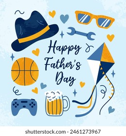 Happy Father's Day concept. Festive square card with hand drawn textured male stuff and handwritten text on blue background in flat style. For cover, poster, social media. Hat, kite, gamepad, beer