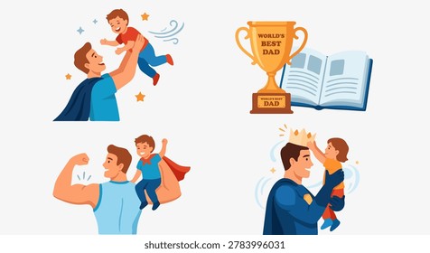 Happy fathers day concept flat vector illustration set with super dad and child