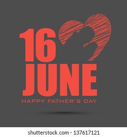 Happy Fathers Day concept for flyer, banner or poster with image of a father and child and text 16th June on grey background.
