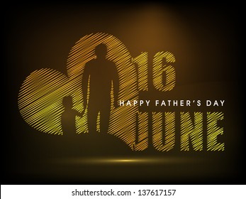 Happy Fathers Day concept for flyer, banner or poster with image of a father holding his child hand and text 16th June on brown background.