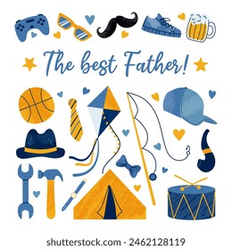 Happy Father's Day concept. Greeting card with hand drawn textured male stuff and text The best Father on white background in flat style. For cover, poster, social media.