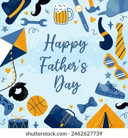 Happy Father's Day concept. Greeting square card with doodle male stuff and typography on blue grunge background in flat style. For banner, poster, social media. Hat, kite, drum, beer, mustache, shoes