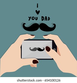 Happy Father's Day concept. Hands holding phone and sending message. Flat vector illustration top view.