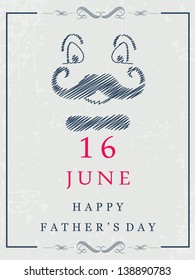 Happy Fathers Day concept, hat and mustache design on blue abstract background with text Dad.