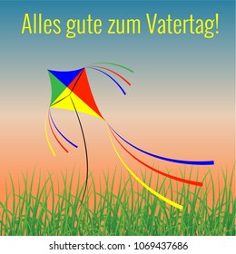 Happy Fathers Day. Concept of holiday. Evening sky, grass, kite flying. German greeting - Alles gute zum Vatertag - in English means - Happy Fathers Day. Template for greeting card. Vector