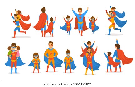 happy fathers day concept isolated vector illustration scenes set, dad and kids, boy and girl playing superheroes, dressed  in super hero costumes 