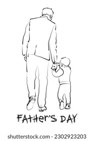 Happy Fathers Day Concept Line Art. Little Kid Holding Father's Hand and Walking. 