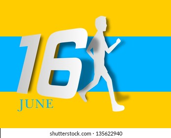 Happy Fathers Day concept with paper text 16th June and son on blue and yellow background.