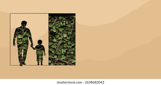 Happy Father's day concept papercut background. Father and child walking.