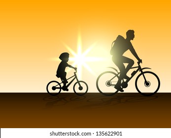 Happy Fathers Day concept with silhouette of father and son riding cycles on evening background.