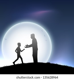 Happy Fathers Day concept with silhouette of a father and his son on evening background.