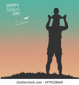 Happy Fathers Day concept with silhouette of father and his son. Template for greeting card, flyer, banner, invitation, congratulation, poster design. Vector illustration 