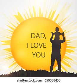 Happy Fathers Day Concept With Silhouette Of Father And His Son. Template For Greeting Card, Flyer, Banner, Invitation, Congratulation, Poster Design. Vector Illustration 
