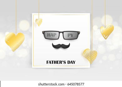 Happy Father's Day concept. Template for flyer, banner, invitation, congratulation, poster design with gold hand drawn heart, glasses, mustache on bright background. Vector illustration. 