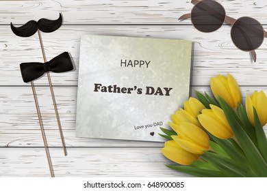 Happy Father's Day concept. template for greeting card, flyer, banner, invitation, congratulation, poster design with letter, glasses, bow tie, mustache, bunch of flowers on wooden background. Vector 