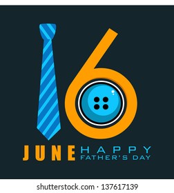 Happy Fathers Day concept with text 16 June made by a necktie and button on black background.