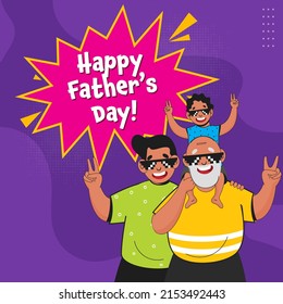 Happy Father's Day Concept With Two Generations Of Dad And Son Giving Peace Sign On Purple Background.