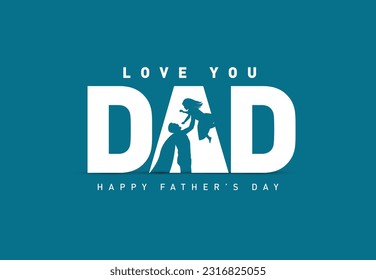 Happy Father's day concept vector background. Happy Father's Day and silhouette of father and child on background of adventure landscape. Father and son with text happy father's day.