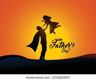 Happy Father's day concept vector background. Happy Father's Day and silhouette of father and child on background of adventure landscape. Father and son with text happy father's day.