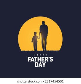 Happy Father's day concept vector background. Happy Father's Day and silhouette of father and child on background of adventure landscape. Father and son with text happy father's day.