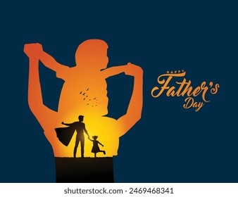 Happy Father's day concept vector background. Father giving son ride on back. Father and son with text happy father's day.