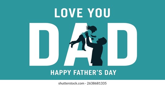 Happy Father's day concept vector background. Happy Father's Day and silhouette of father and child on background of adventure landscape. Father and son with text happy father's day.