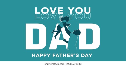 Happy Father's day concept vector background. Happy Father's Day and silhouette of father and child on background of adventure landscape. Father and son with text happy father's day.