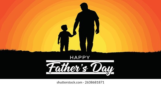 Happy Father's day concept vector background. Happy Father's Day and silhouette of father and child on background of adventure landscape. Father and son with text happy father's day.